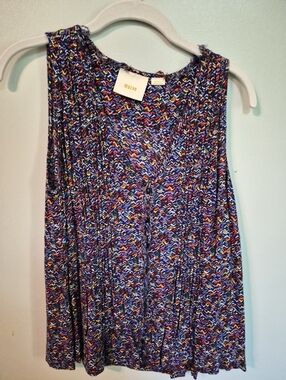 Maeve Navy Multicolor Wave-Print Sleeveless Blouse